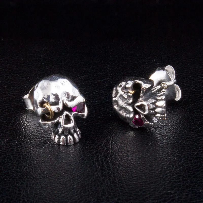 Red Eye Punk Skull Sterling Silver Stud Earrings