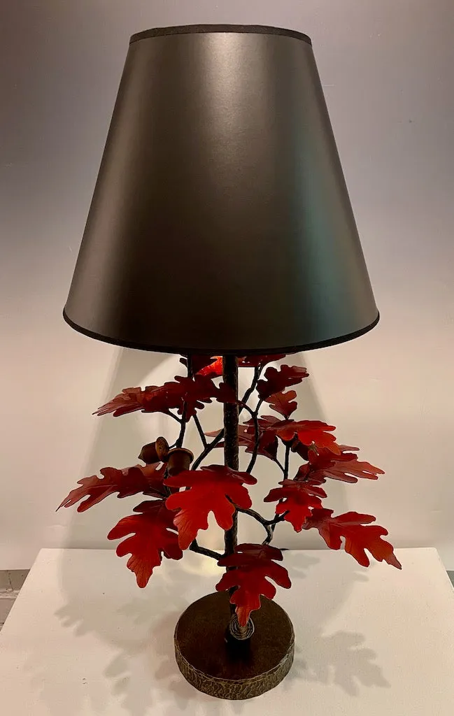 Red Oak and Acorn Table Lamp with Black Shade