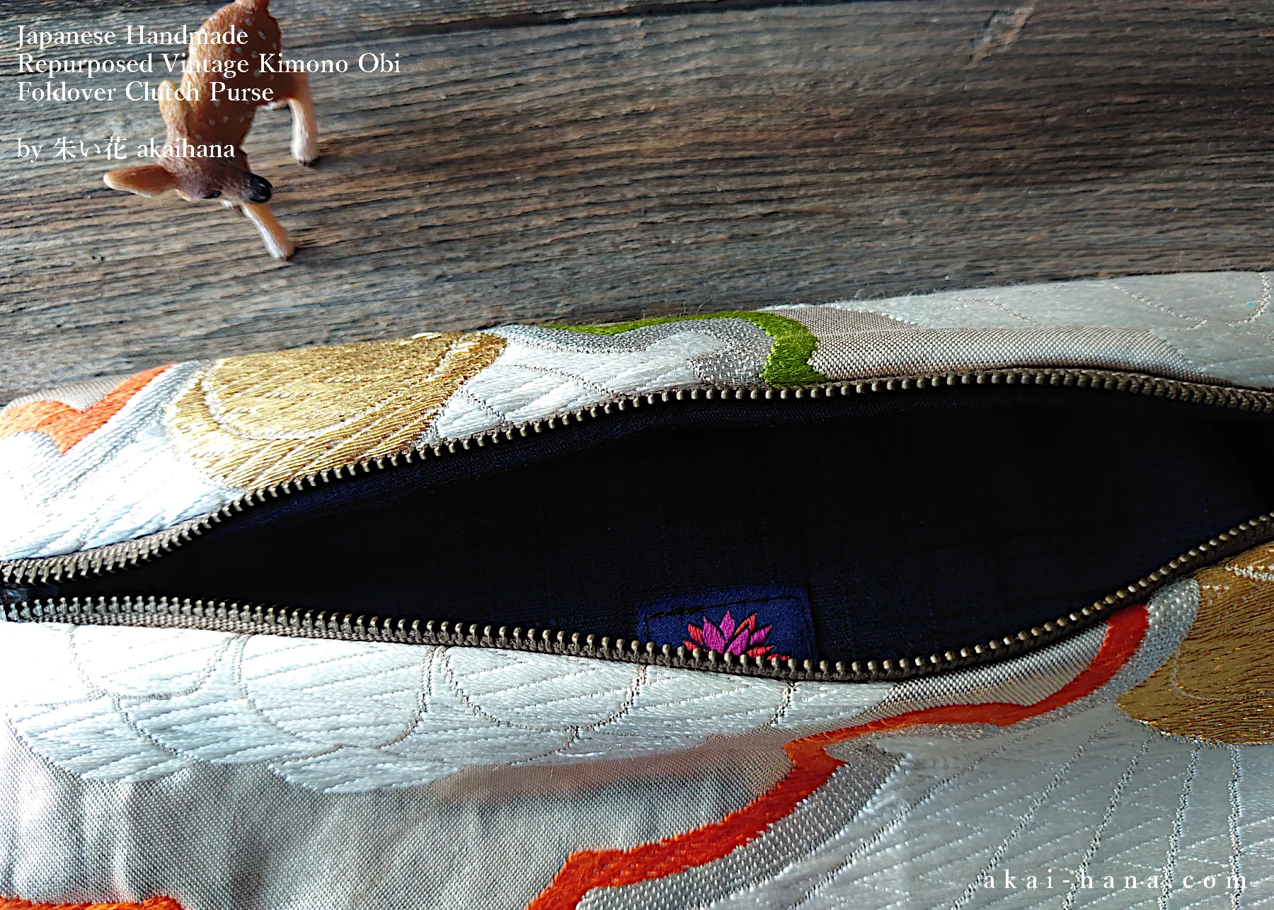 Repurposed Vintage Kimono Obi Foldover Clutch, Japanese Handmade, zc25f0003