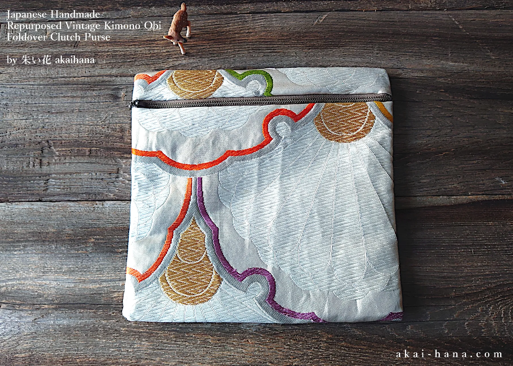 Repurposed Vintage Kimono Obi Foldover Clutch, Japanese Handmade, zc25f0003