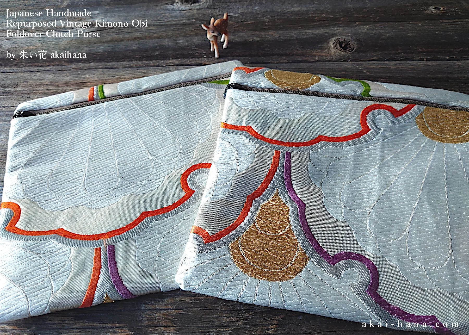 Repurposed Vintage Kimono Obi Foldover Clutch, Japanese Handmade, zc25f0003