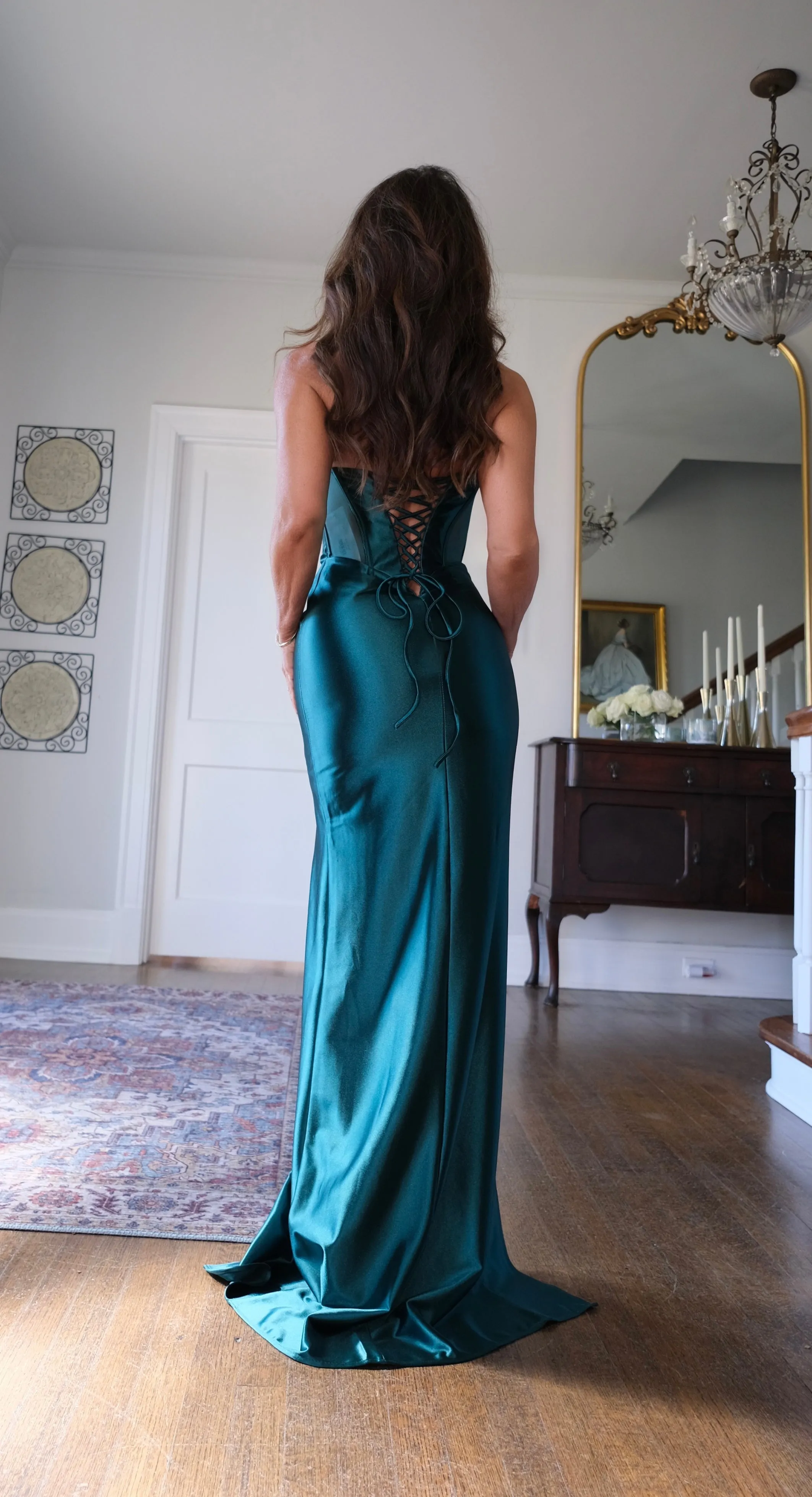 Robyn emerald green mesh corset formal with slit