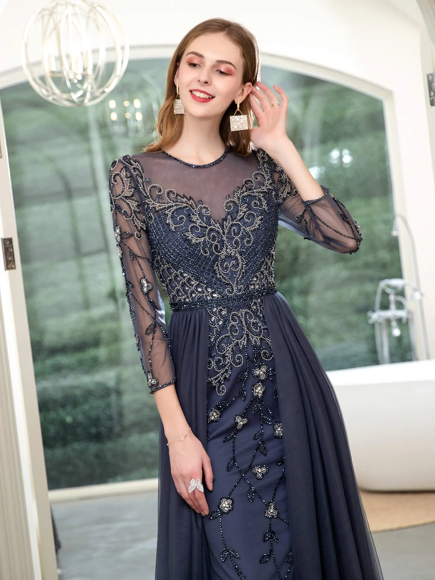 Roycebridal Mermaid Beaded Luxurious Fashion Formal Evening Dresses Long Sleeve Floor Length