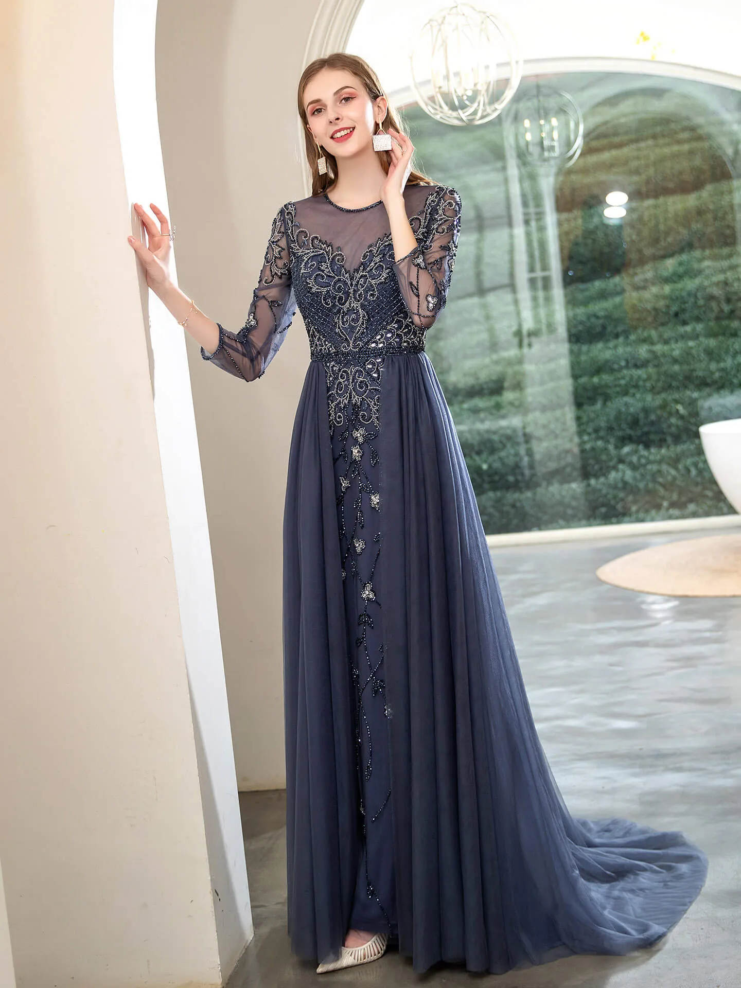 Roycebridal Mermaid Beaded Luxurious Fashion Formal Evening Dresses Long Sleeve Floor Length