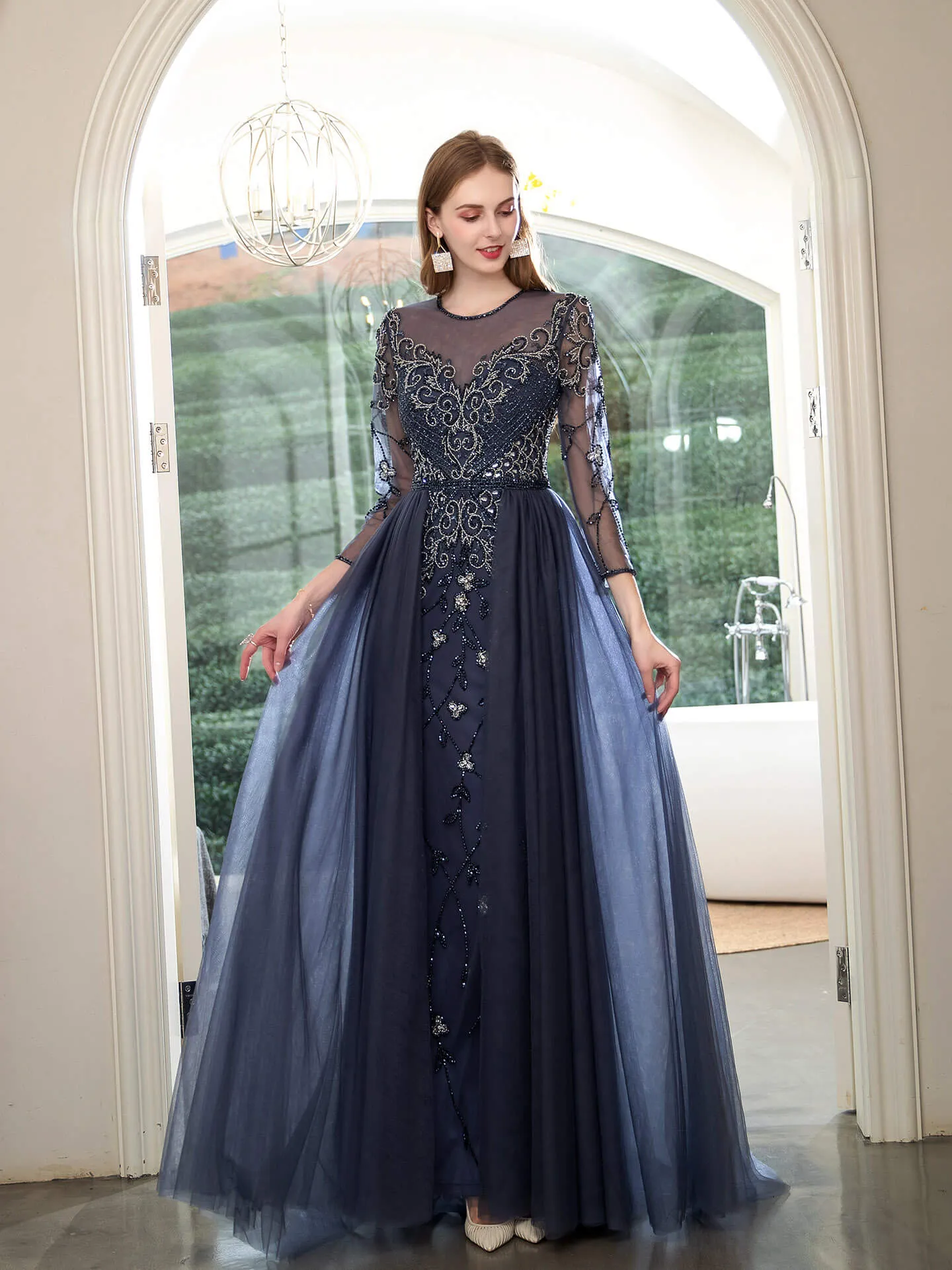 Roycebridal Mermaid Beaded Luxurious Fashion Formal Evening Dresses Long Sleeve Floor Length