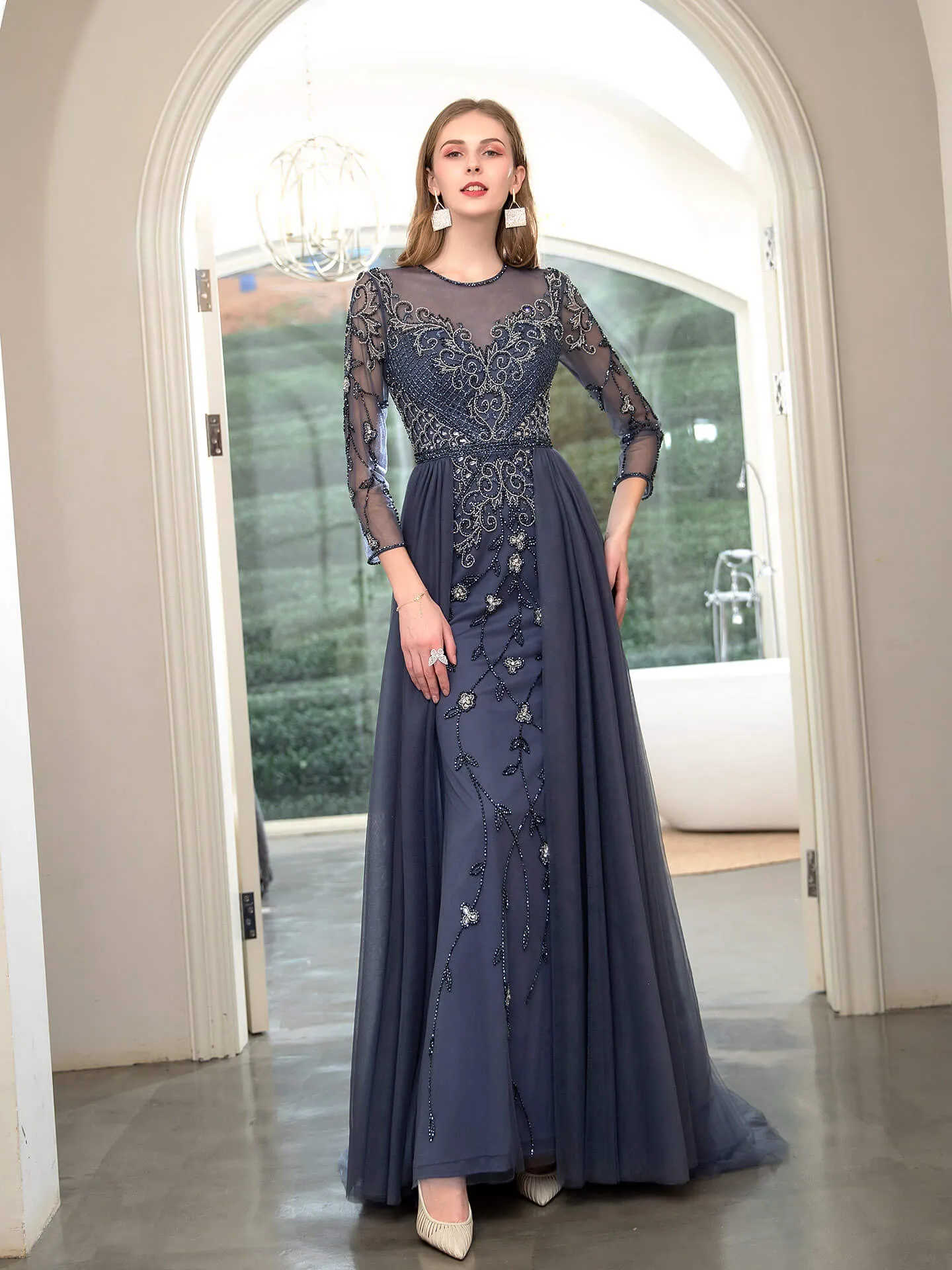 Roycebridal Mermaid Beaded Luxurious Fashion Formal Evening Dresses Long Sleeve Floor Length