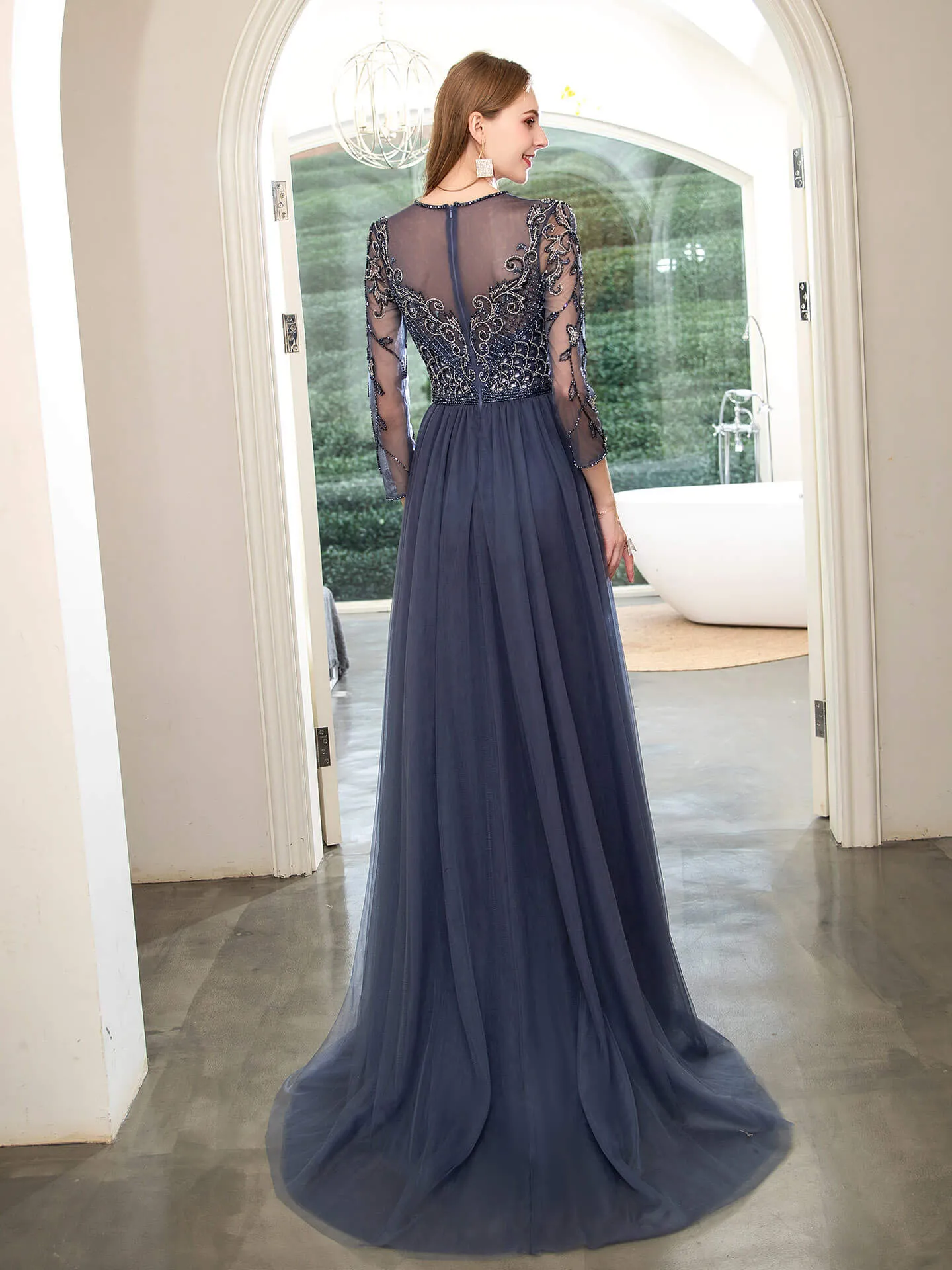 Roycebridal Mermaid Beaded Luxurious Fashion Formal Evening Dresses Long Sleeve Floor Length
