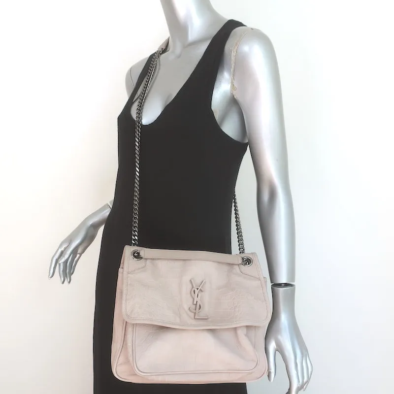 Saint Laurent Niki Medium Croc-Embossed Shoulder Bag Taupe Nubuck