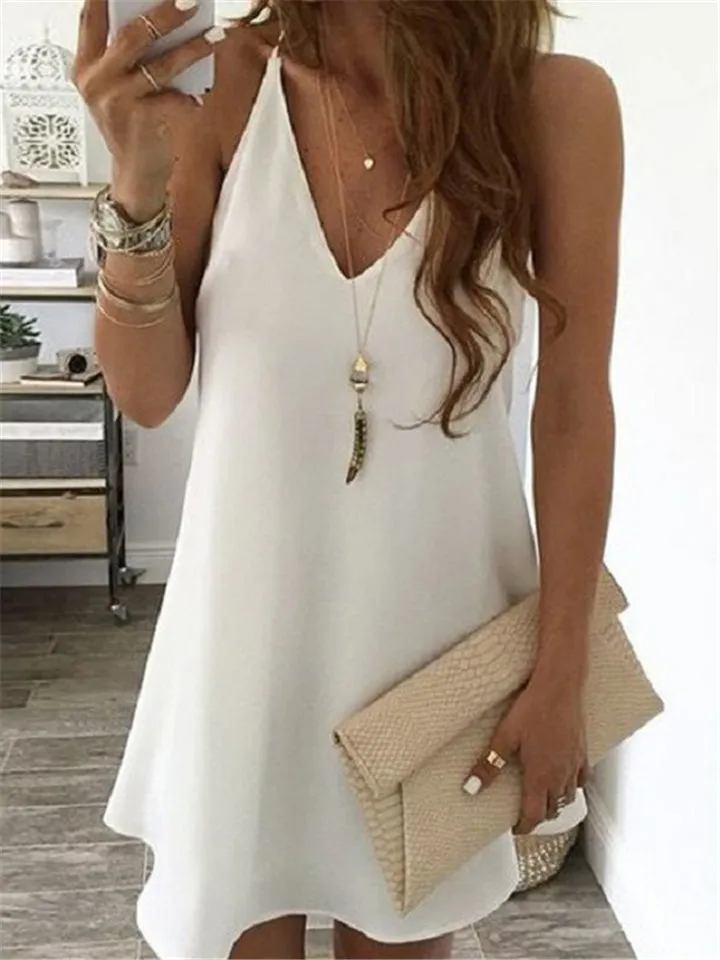 Sexy Pretty V Neck Solid Color Sleeveless Pullover Mini Dress