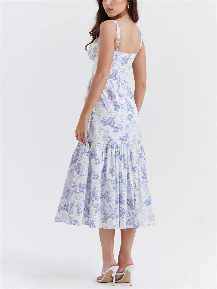 Sexy Romantic Flower Print Sleeveless Bustier Dress for Women