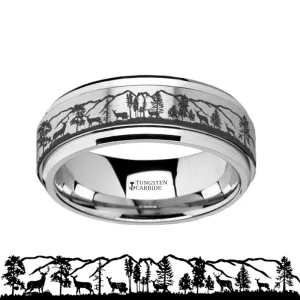 Spinning Engraved Animal Landscape Scene Roaming Deer Stag Men's Tungsten Wedding Band - 8MM