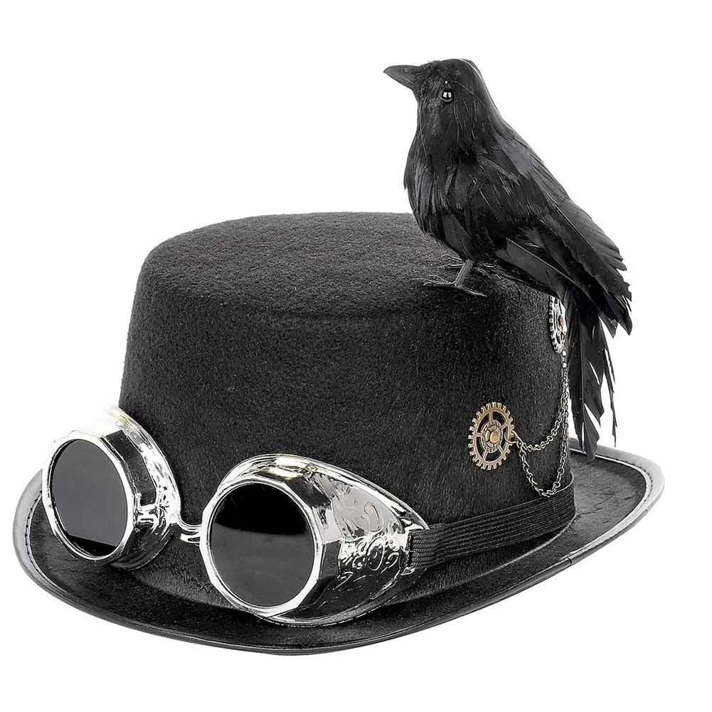 Steam Punk Party Hat with Raven and Goggles