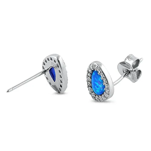 Sterling Silver Blue Lab Opal & Clear CZ Offset Stud Earrings