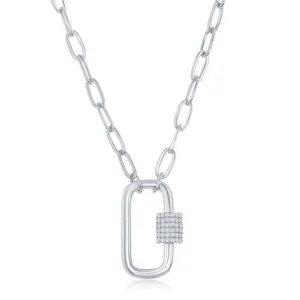 Sterling Silver Micro Pave CZ Oval Carabiner Paperclip Necklace