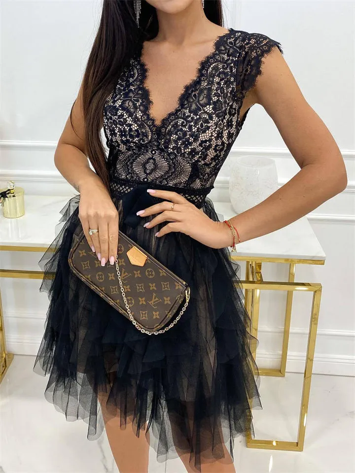 Summer Sexy V Neck Lace Splicing Sleeveless Lady Dress