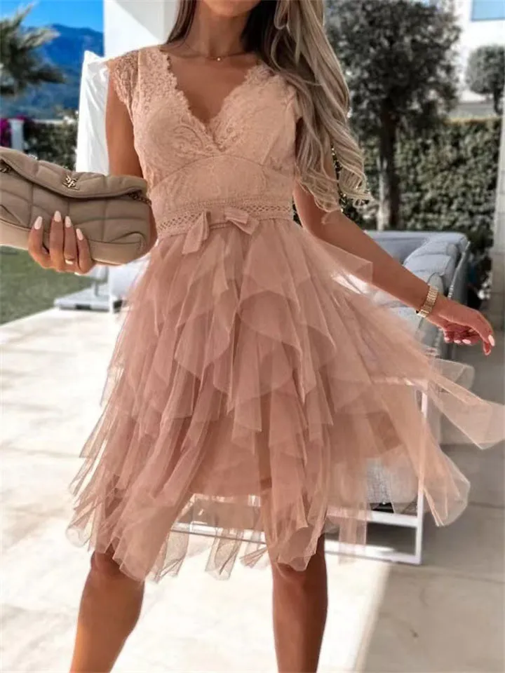 Summer Sexy V Neck Lace Splicing Sleeveless Lady Dress