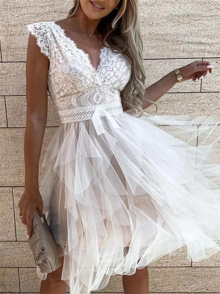 Summer Sexy V Neck Lace Splicing Sleeveless Lady Dress