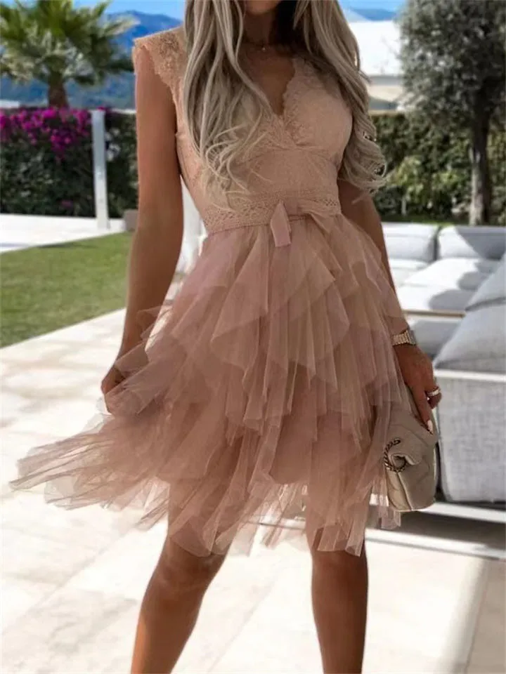 Summer Sexy V Neck Lace Splicing Sleeveless Lady Dress