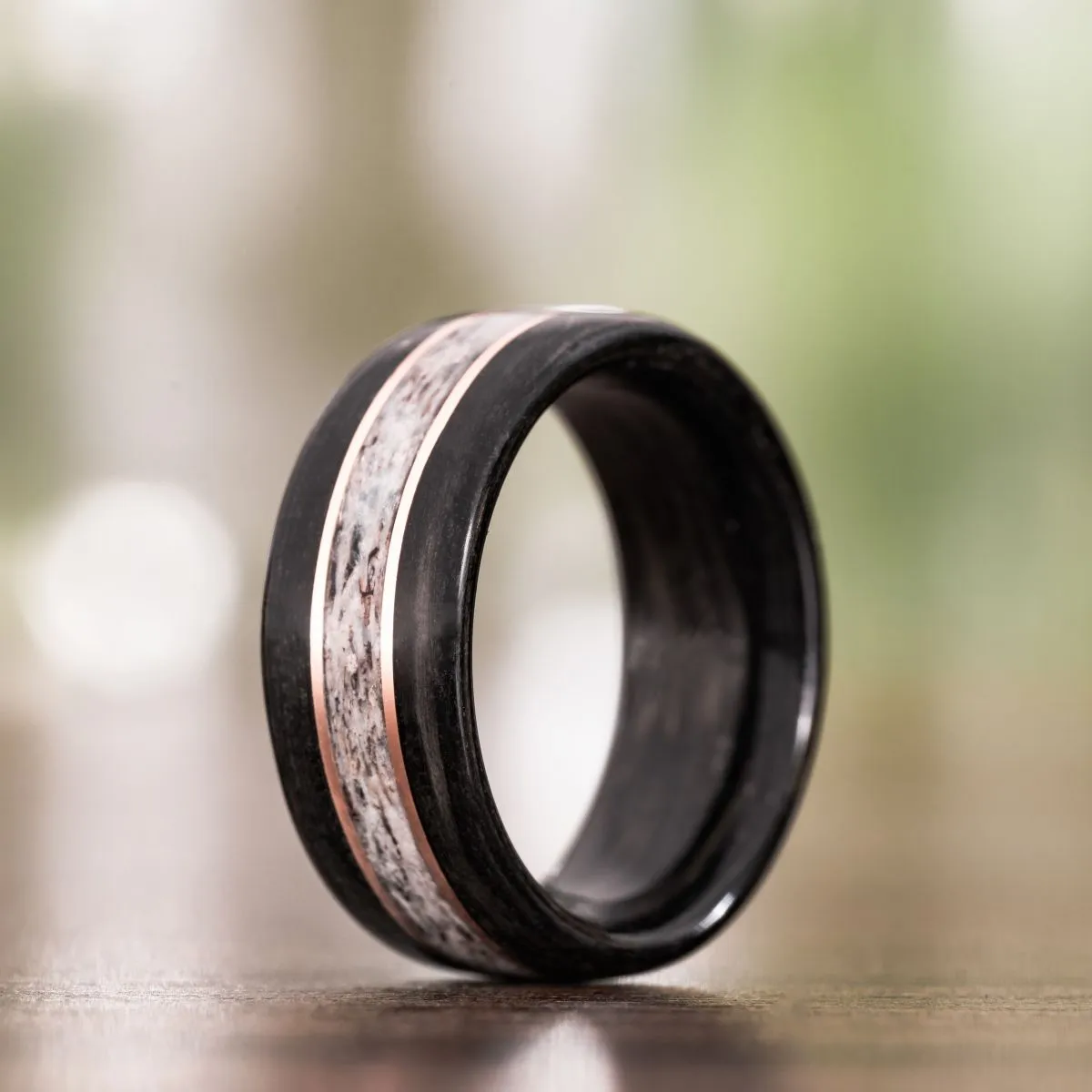The Frontiersman | Men's Whiskey Barrel & Elk Antler Wedding Band with Dual Metal Inlays