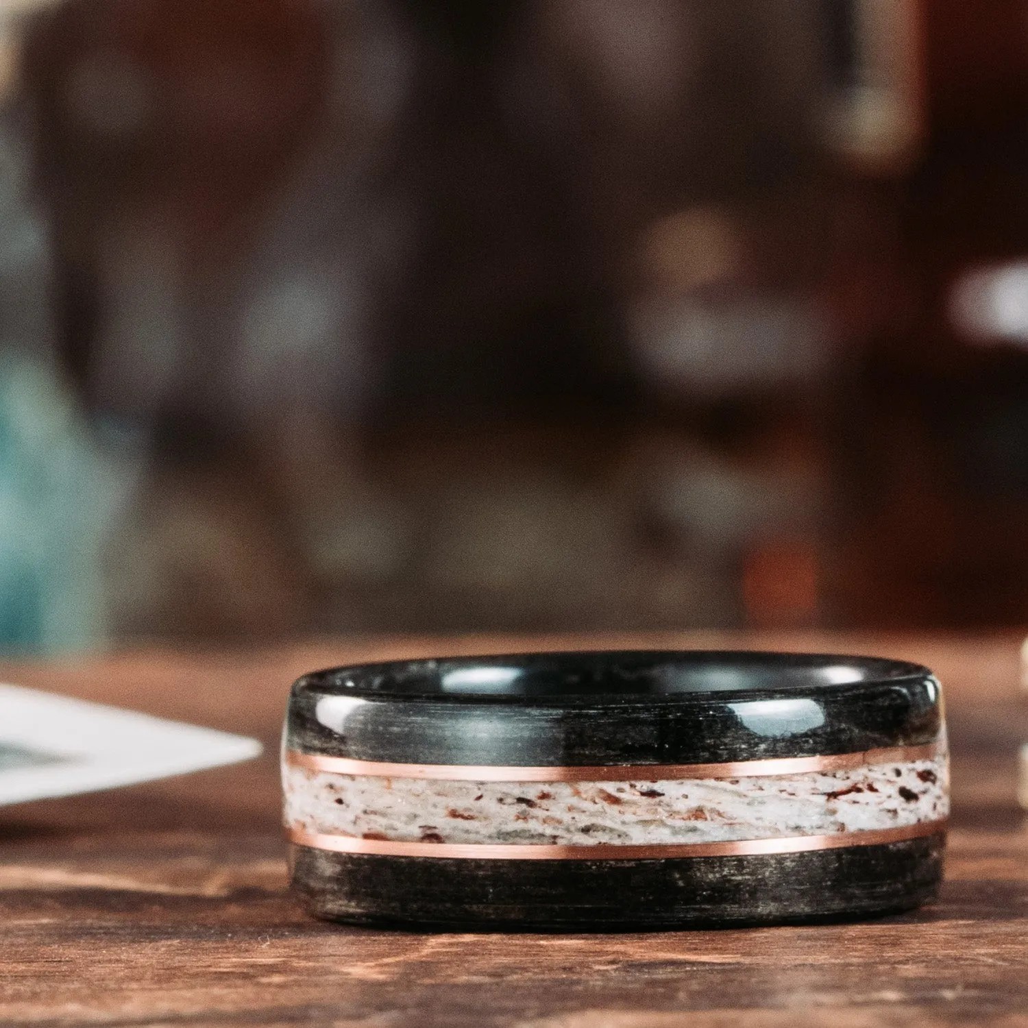 The Frontiersman | Men's Whiskey Barrel & Elk Antler Wedding Band with Dual Metal Inlays
