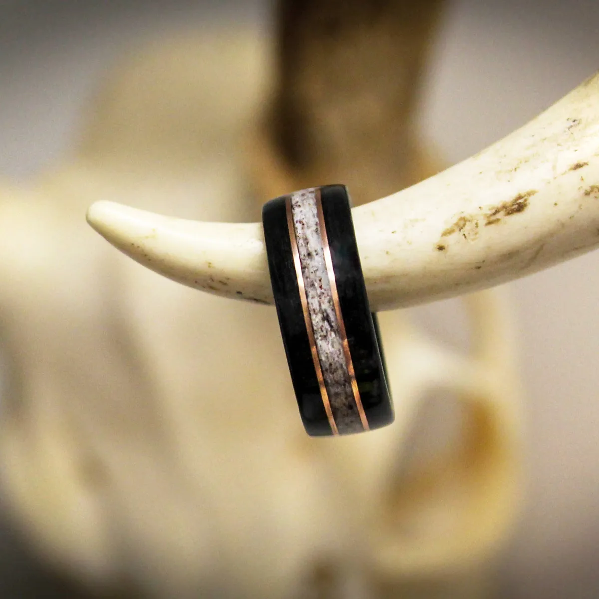 The Frontiersman | Men's Whiskey Barrel & Elk Antler Wedding Band with Dual Metal Inlays