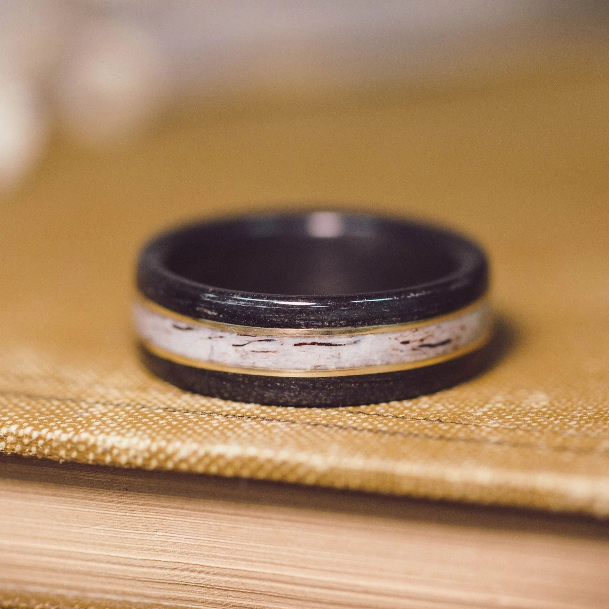 The Frontiersman | Men's Whiskey Barrel & Elk Antler Wedding Band with Dual Metal Inlays