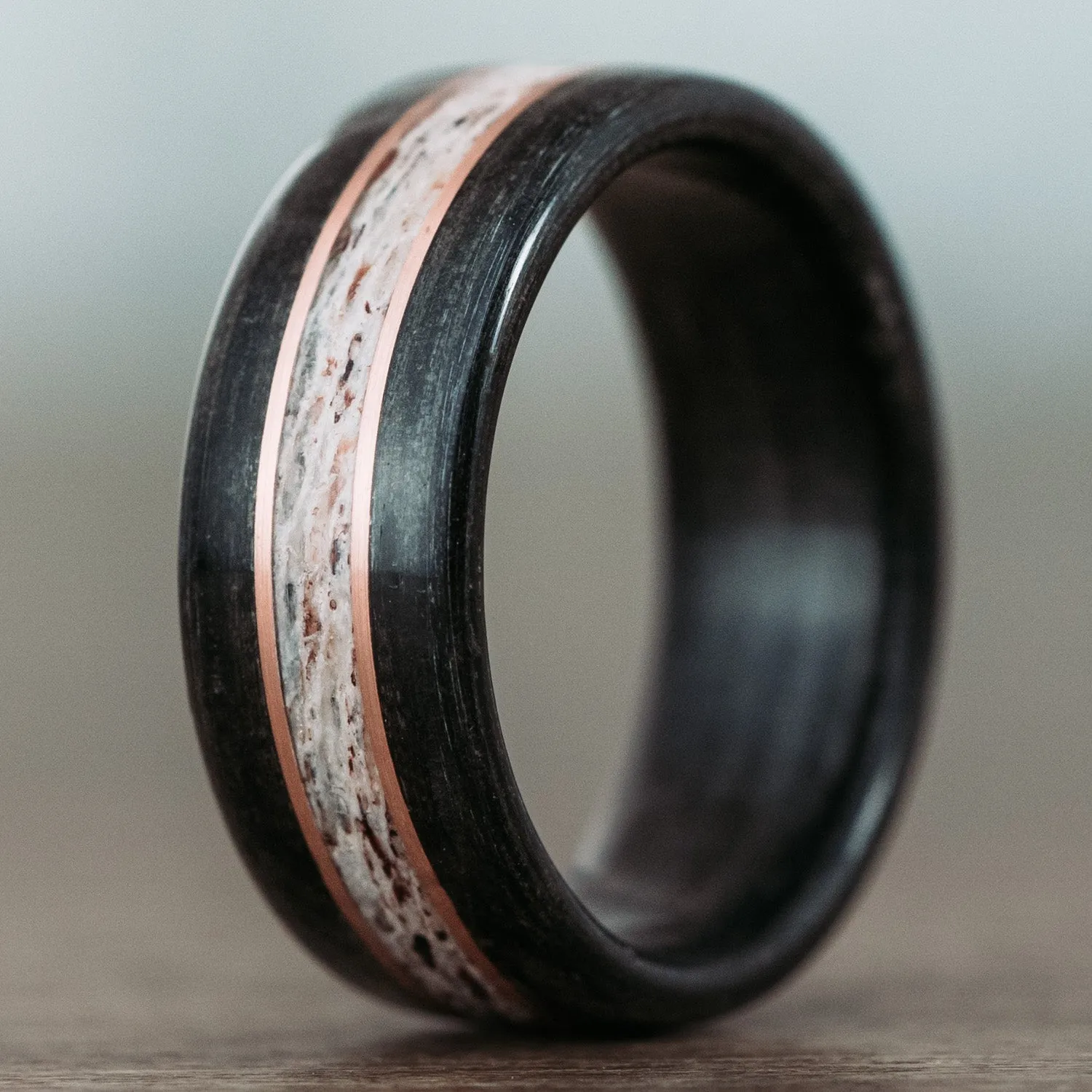 The Frontiersman | Men's Whiskey Barrel & Elk Antler Wedding Band with Dual Metal Inlays