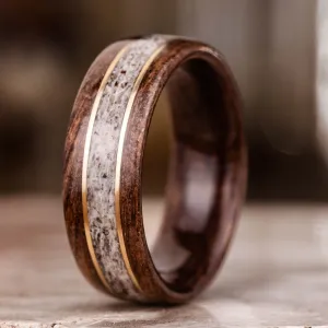 The Stag | Men's Antique Walnut Wood & Elk Antler Wedding Band with Dual Metal Inlays