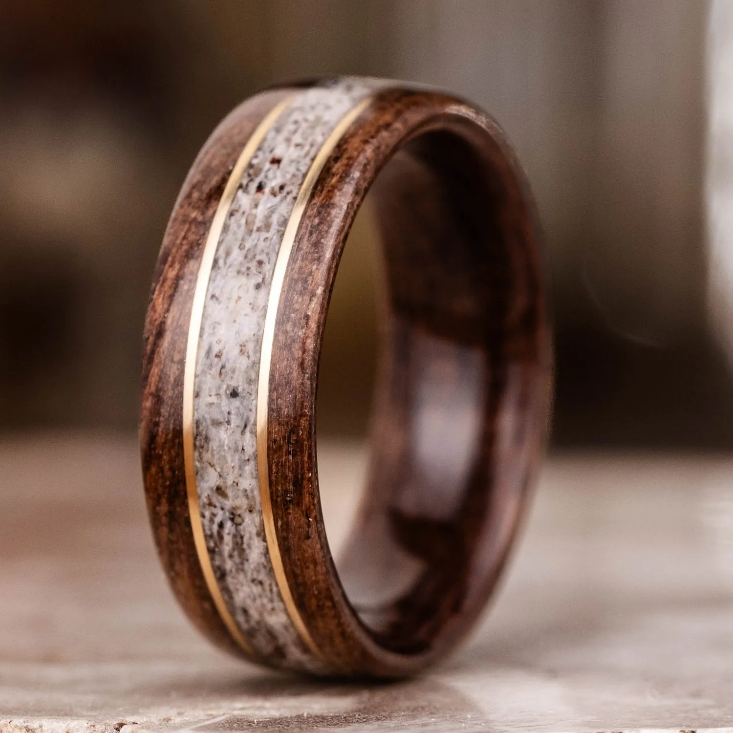 The Stag | Men's Antique Walnut Wood & Elk Antler Wedding Band with Dual Metal Inlays