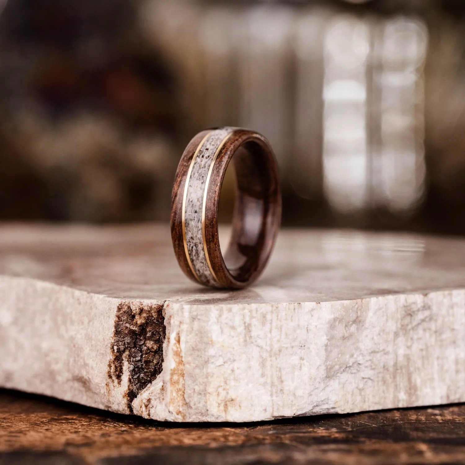 The Stag | Men's Antique Walnut Wood & Elk Antler Wedding Band with Dual Metal Inlays