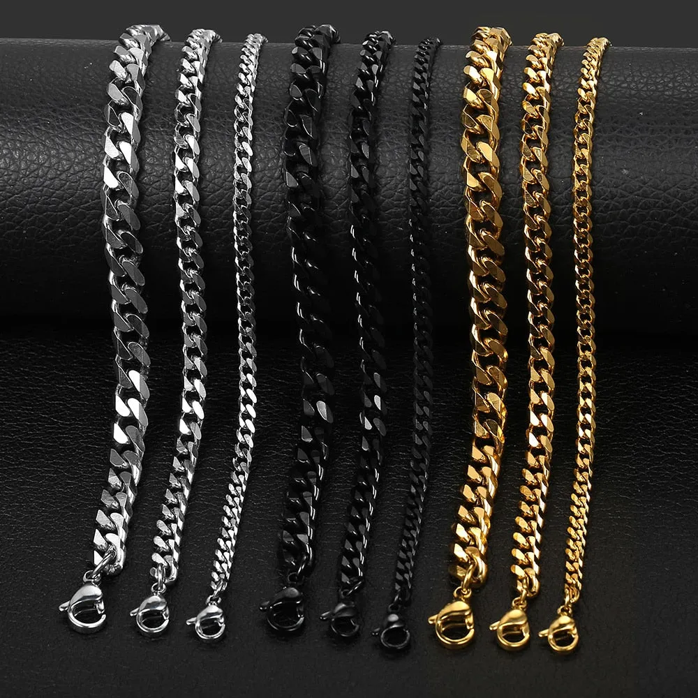 Trendy 3-11mm wide Stainless Steel bracelets 7-11 in in length, Black, Silver or Gold