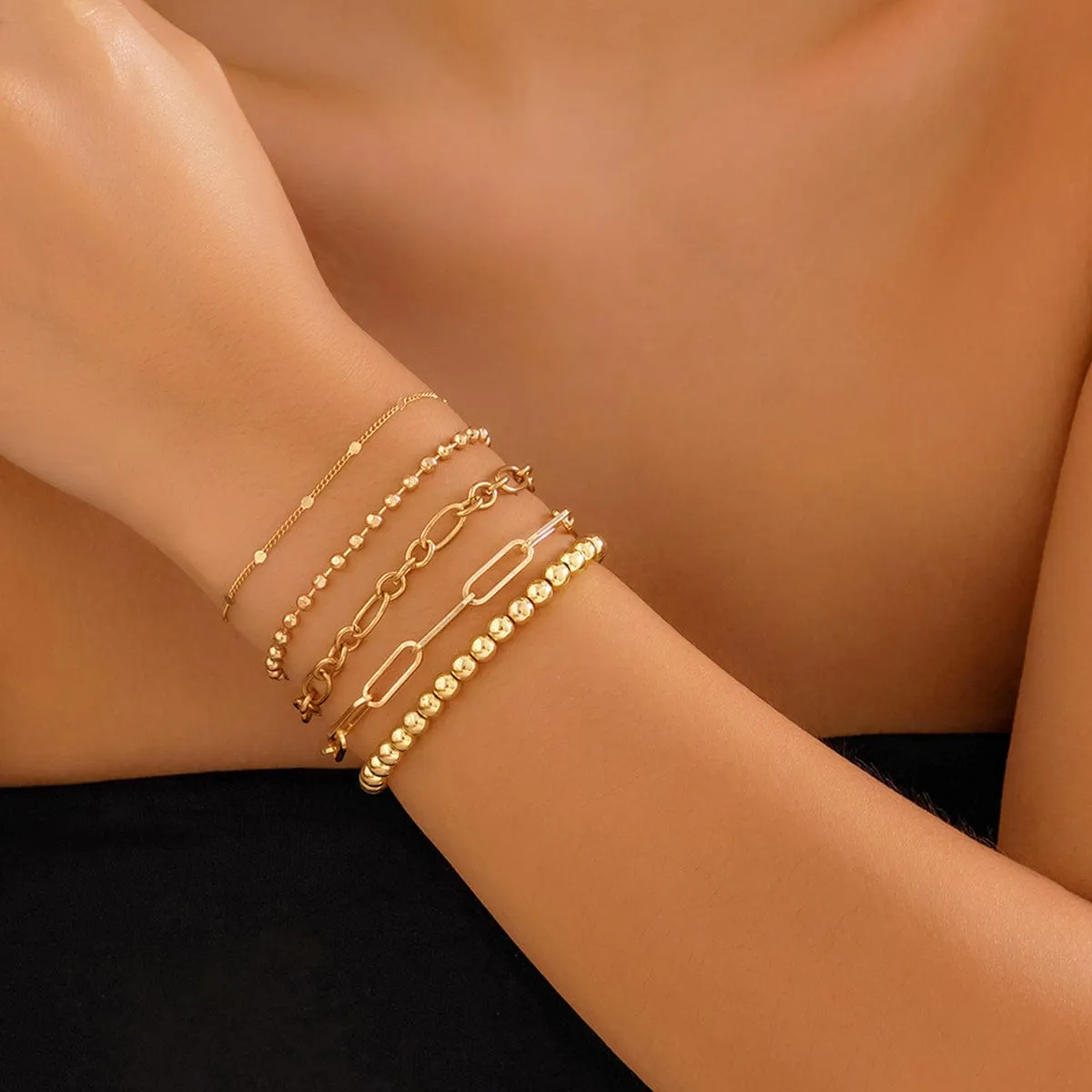 Trendy 5pcs Gold Plated Ball Chain Bracelet Set
