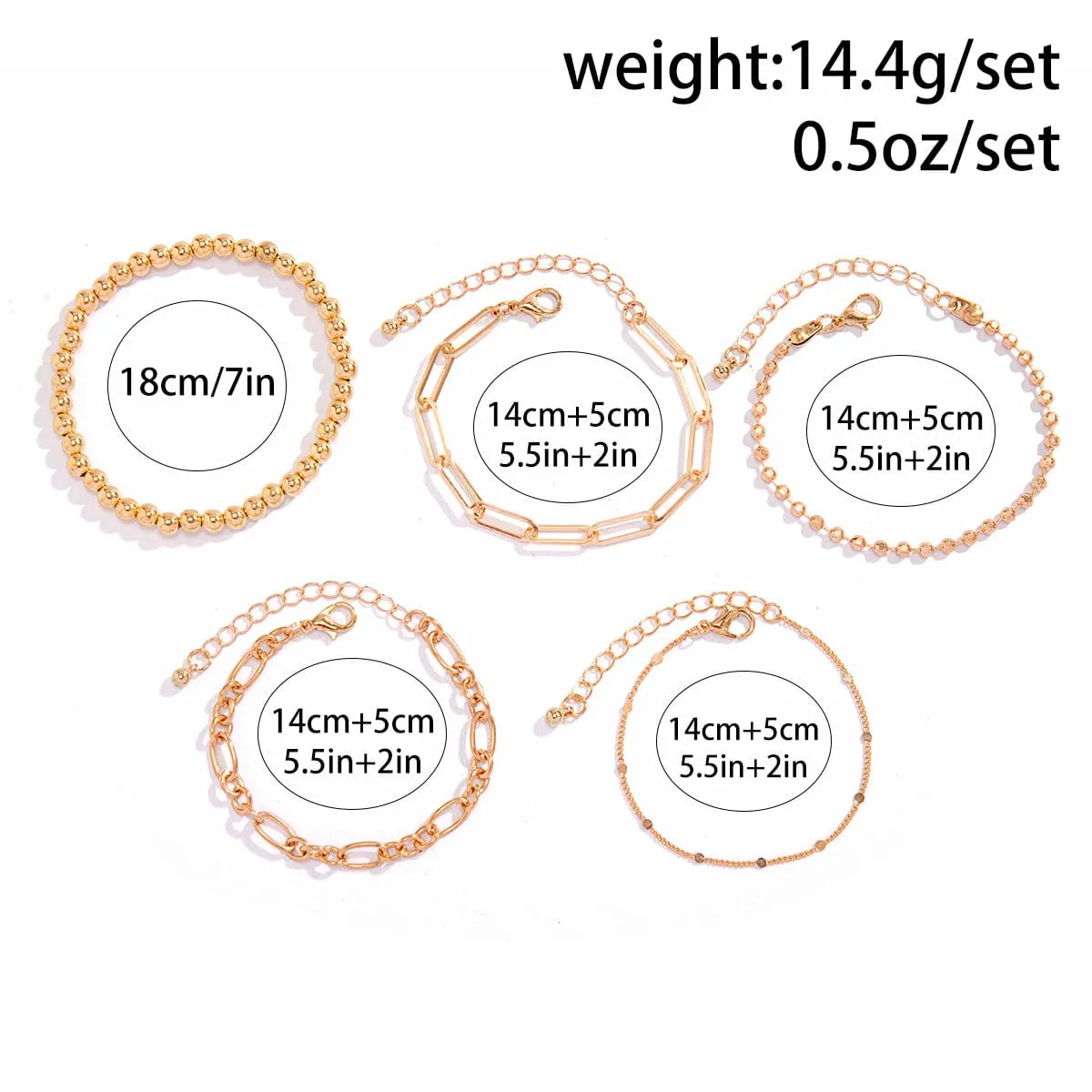 Trendy 5pcs Gold Plated Ball Chain Bracelet Set