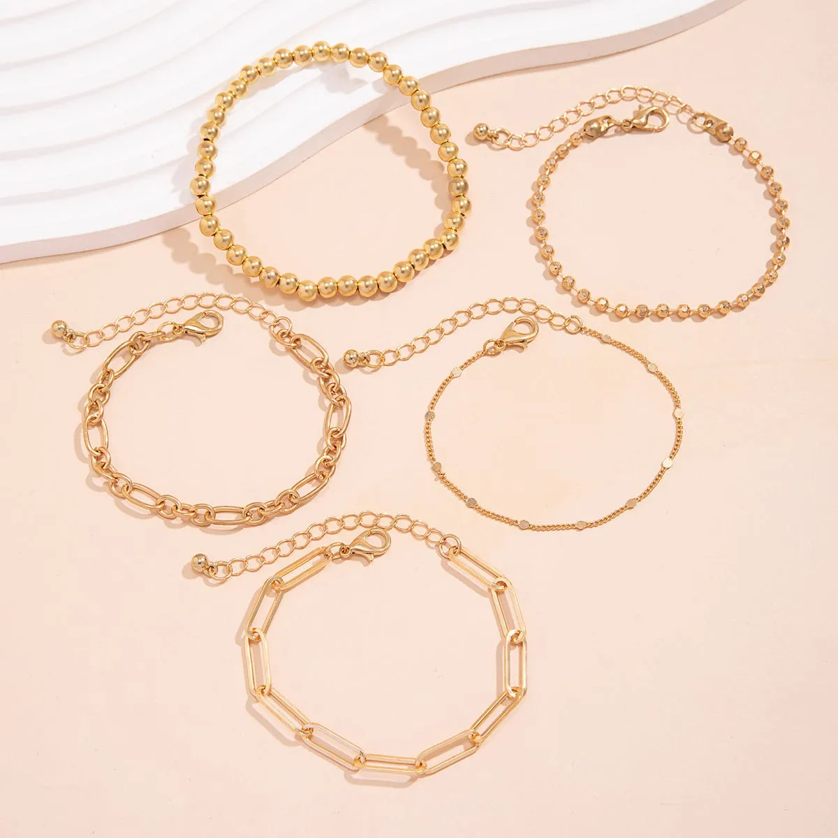 Trendy 5pcs Gold Plated Ball Chain Bracelet Set