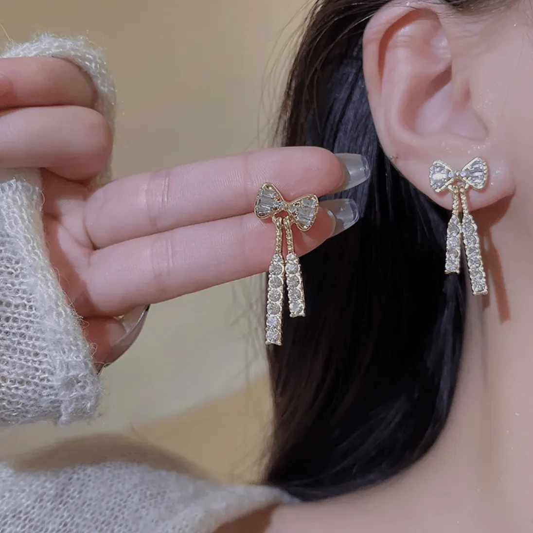 Trendy CZ Inlaid Bowknot Tassel Earrings
