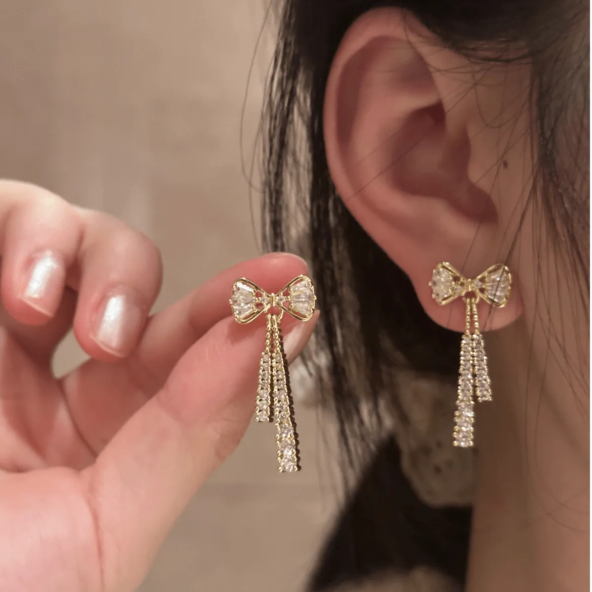 Trendy CZ Inlaid Bowknot Tassel Earrings