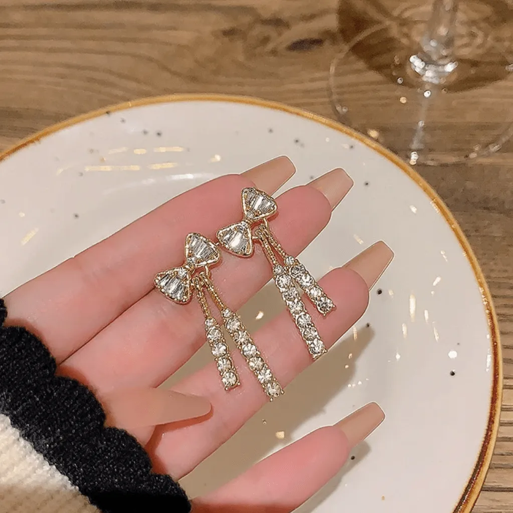 Trendy CZ Inlaid Bowknot Tassel Earrings