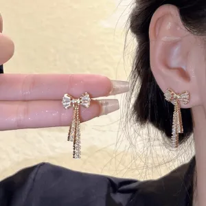 Trendy CZ Inlaid Bowknot Tassel Earrings
