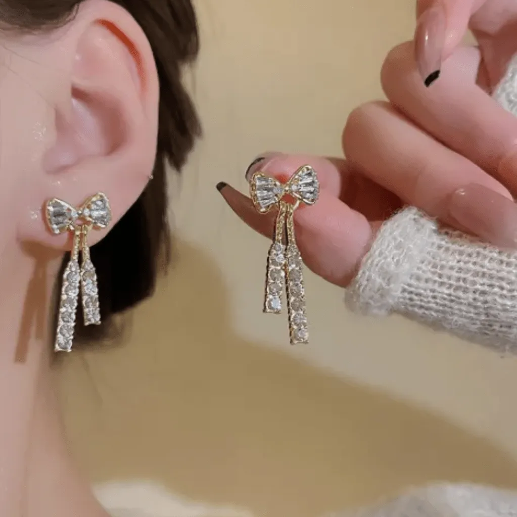 Trendy CZ Inlaid Bowknot Tassel Earrings