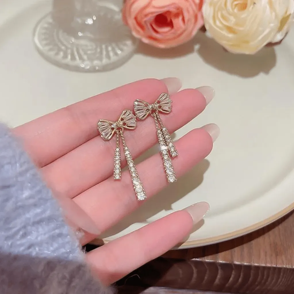 Trendy CZ Inlaid Bowknot Tassel Earrings
