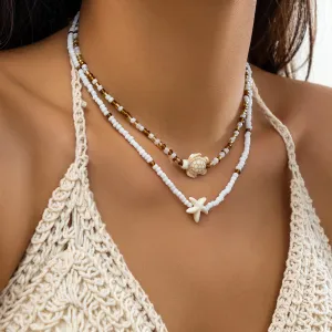 Trendy Layered Starfish Turtle Seed Bead Necklace Set