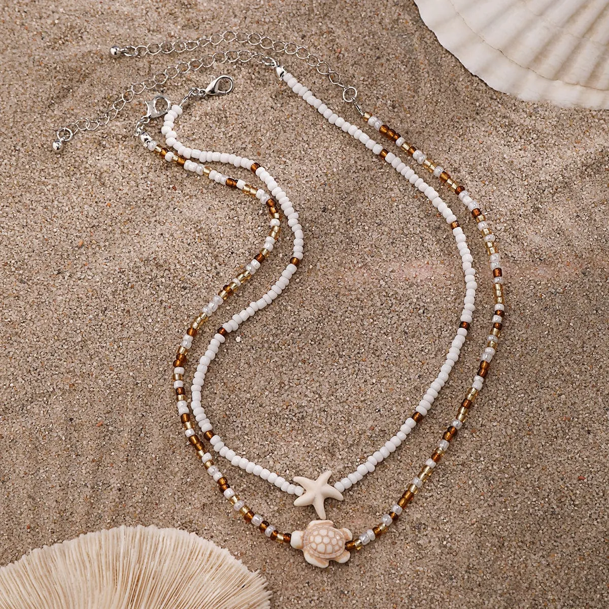 Trendy Layered Starfish Turtle Seed Bead Necklace Set