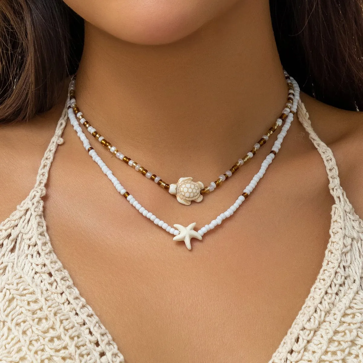 Trendy Layered Starfish Turtle Seed Bead Necklace Set