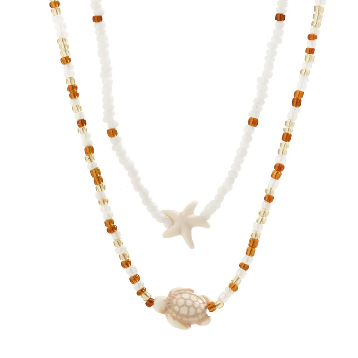 Trendy Layered Starfish Turtle Seed Bead Necklace Set
