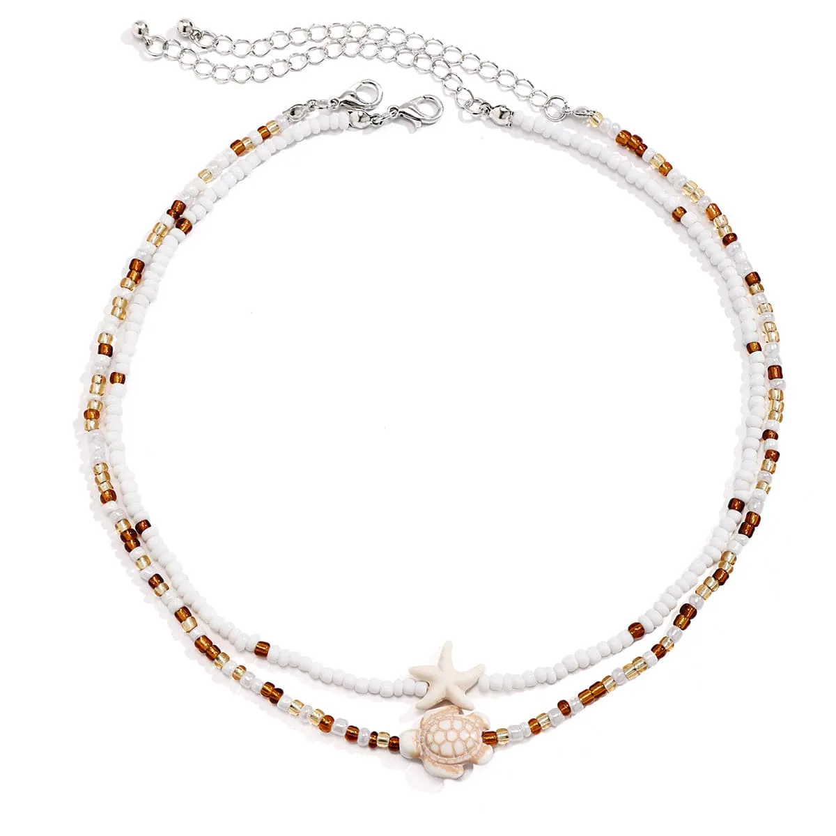 Trendy Layered Starfish Turtle Seed Bead Necklace Set
