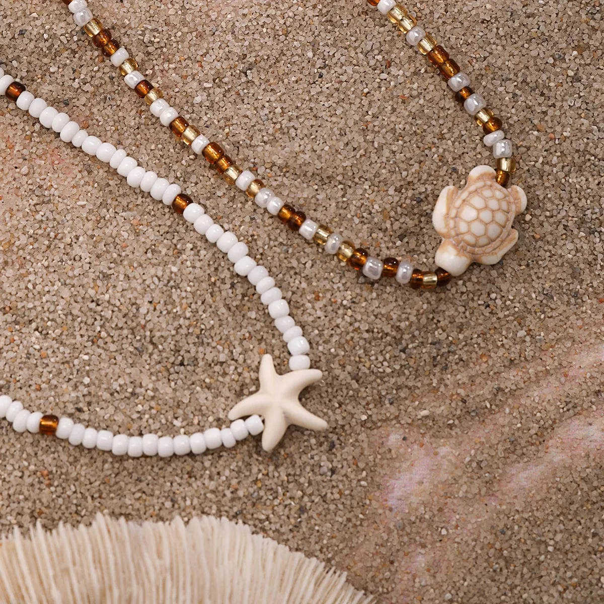 Trendy Layered Starfish Turtle Seed Bead Necklace Set
