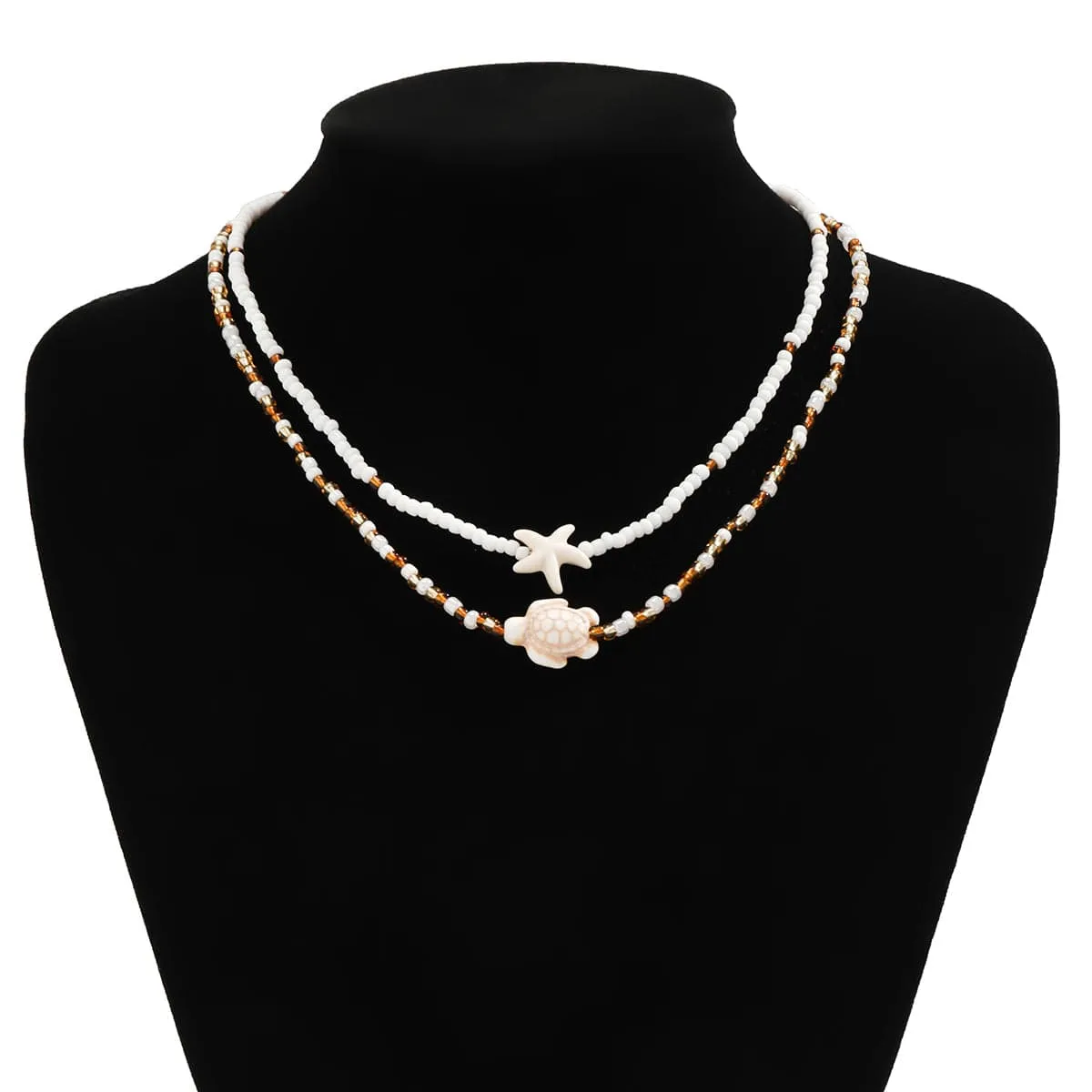 Trendy Layered Starfish Turtle Seed Bead Necklace Set
