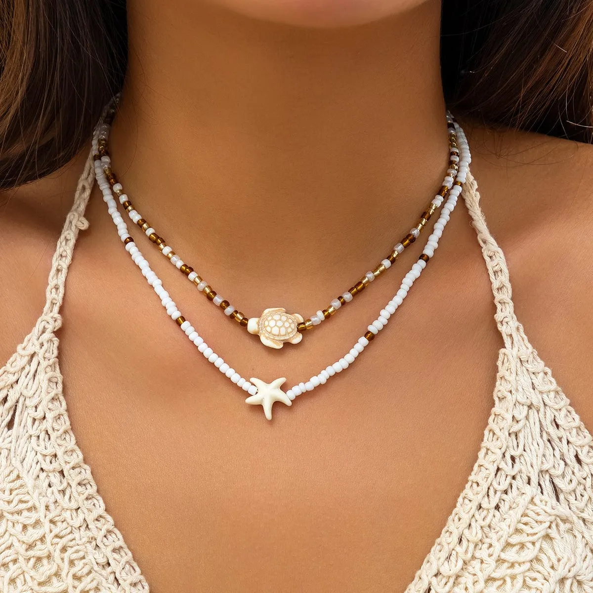 Trendy Layered Starfish Turtle Seed Bead Necklace Set