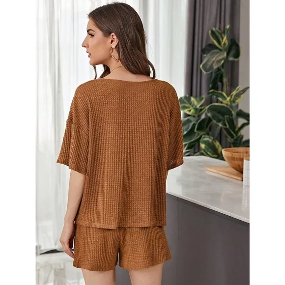 two piece set: Notch v Neck Waffle Knit Top &amp; Track Shorts Set