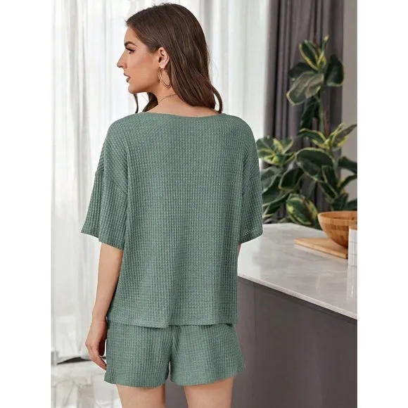 two piece set: Notch v Neck Waffle Knit Top &amp; Track Shorts Set